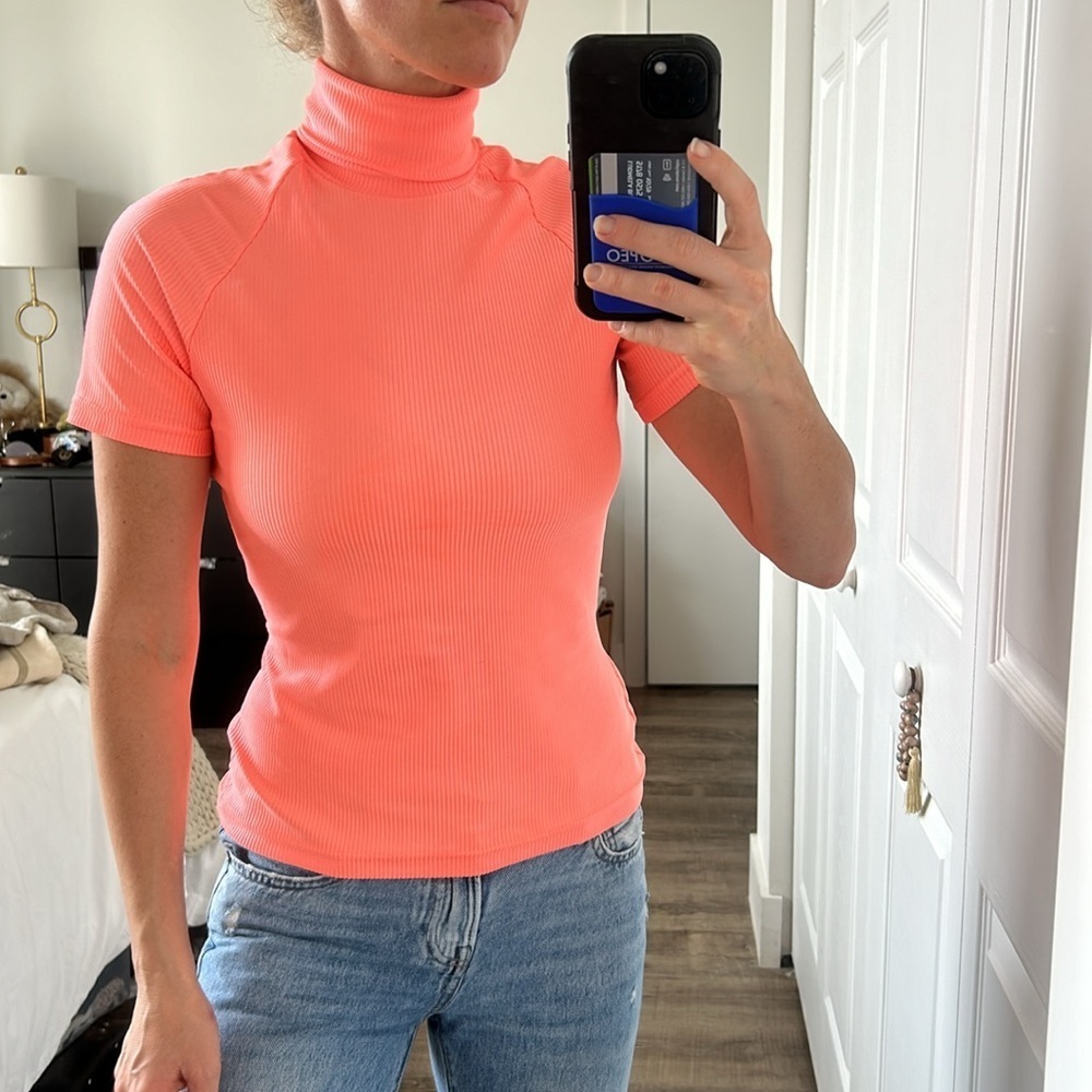Versus Gianni Versace Neon Coral Turtleneck Ribbed Top size